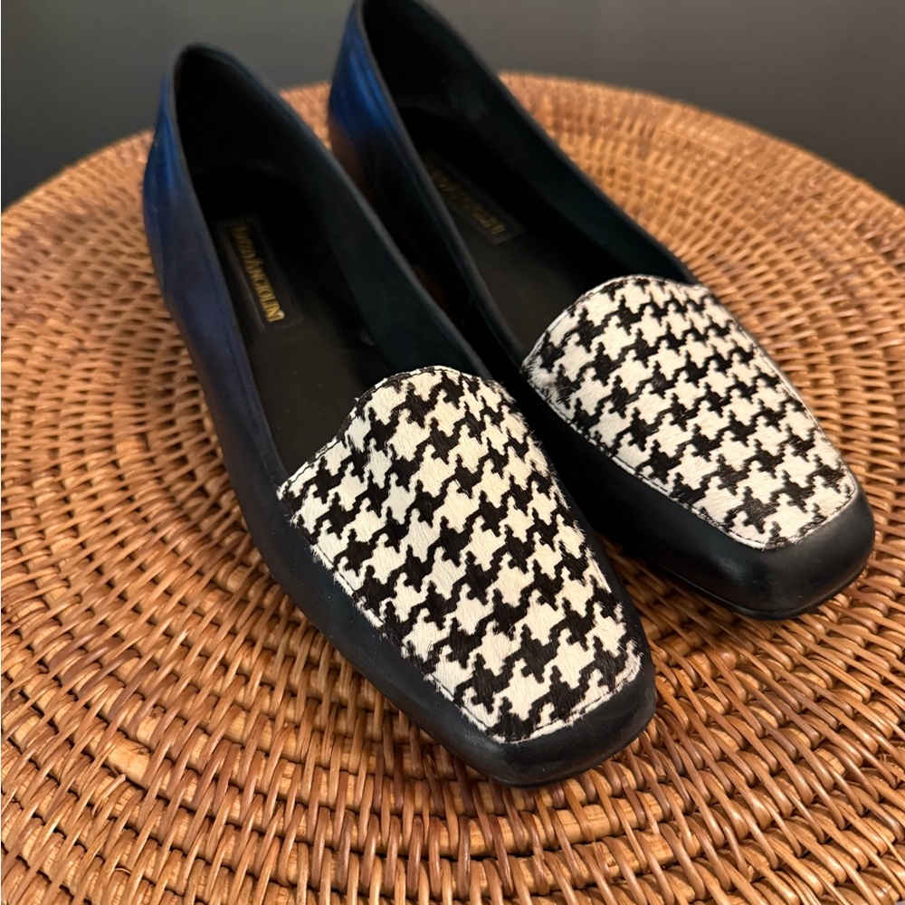 enzo angiolini flats  Black Leather Houndstooth  Pony Hair 8.5‎ 90’s Vintage ￼